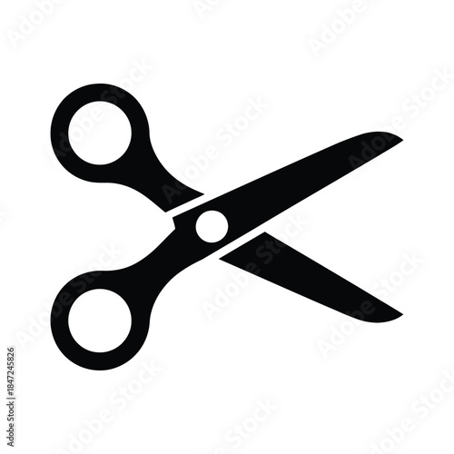 Black scissors icon features open blades and round handles over white background