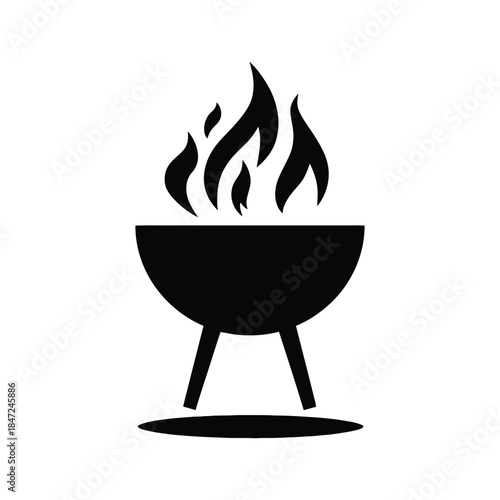 Black silhouette of a charcoal grill with flames on a white background