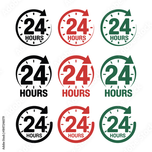 graphics feature a twenty four hours service icon in multiple colors