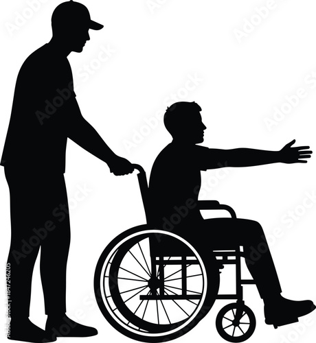 Caregiver assisting wheelchair user silhouette isolated on white background representing support inclusion accessibility compassion and social care assistance