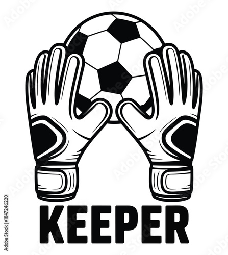 Monochrome Goalkeeper Keeper Logo Vector, featuring goalie gloves catching a soccer ball, a sport team emblem, defense or training icon, isolated on white background