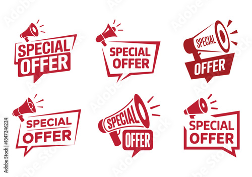 Red megaphone icons announce special offer messages in a bold, attention grabbing style on white background