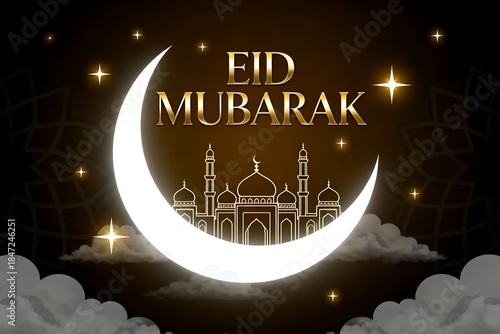 Eid al-Fitr Mubarak Illustration with Crescent Moon and Mosque