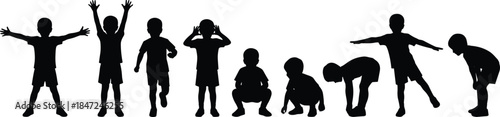 Children playing and moving silhouettes in different poses isolated on white background showing activity growth energy and childhood expression