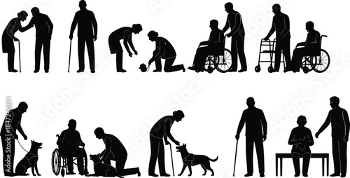 Care and assistance silhouettes showing help for elderly disabled and vulnerable people with caregivers support compassion and everyday social care activities