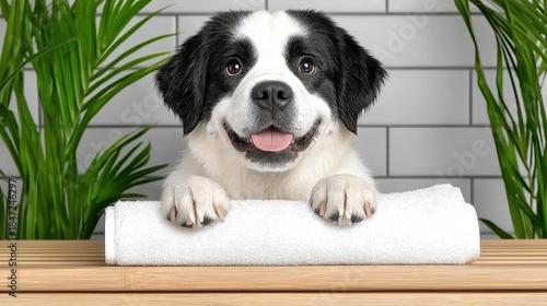 Happy Wet Saint Bernard Puppy with White Towel and Green Plants