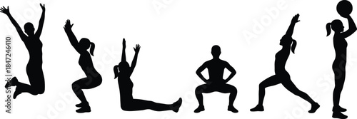 Fitness exercise silhouettes showing squats lunges jumps stretches and basketball poses isolated on remembering white background for training workout design