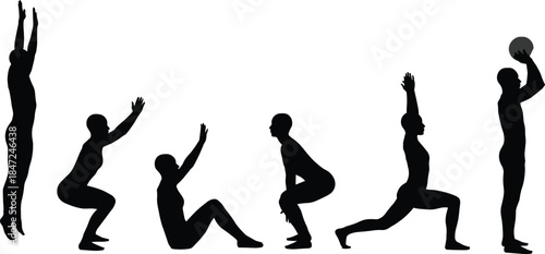 Fitness training silhouettes showing squats lunges jumps stretches and basketball poses isolated on white background for workout exercise design