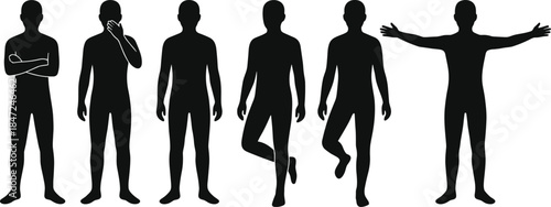 Human body silhouettes in standing poses showing arms crossed thinking balance and open gesture isolated on white background for anatomy design