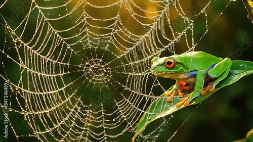 Red-eyed tree frog, agalychnis callidryas, sitting on a leaf, next to a spider web covered in dew drops, in motion, dynamic footage, clip