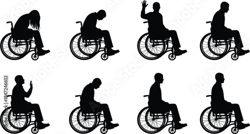 Wheelchair user silhouettes showing different sitting gestures and emotions isolated on white background representing mobility disability expression and independence