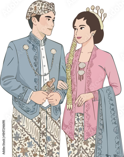 Vector illustration of a traditional Javanese wedding couple from Indonesia. Bride and groom wearing kebaya, beskap, and batik sarong with cultural accessories in a romantic pose.