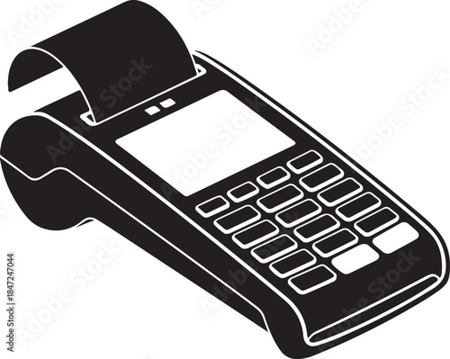 Black and white isometric of a portable credit card payment terminal with receipt