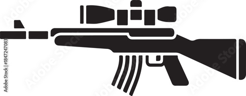 Black silhouette of a rifle with a scope and magazine on a white background firearm