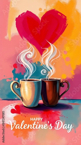 Painting of two steaming coffee cups on a vibrant background with a red heart shape and 'Happy Valentine's Day' sign