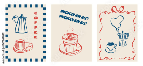 Whimsical cafe doodles featuring coffee cups and breakfast items. Sketch style icons including latte, espresso and cappuccino. Ideal for menu design, branding or retro posters. Vector illustration