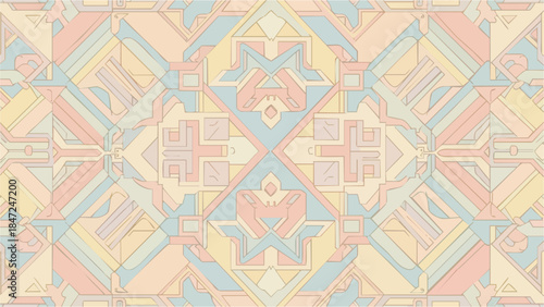 Abstract geometric seamless pattern in soft pastel colors. Intricate symmetrical vector background featuring Art Deco style lines and complex shapes for decorative wallpaper or textile design.