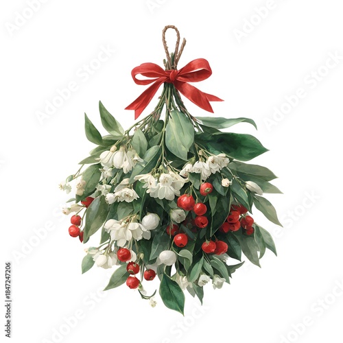 Watercolor mistletoe bunch with red berries and a festive red ribbon hangs gracefully, ready for a holiday celebration and seasonal decor.