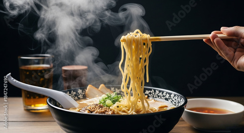 Steaming ramen noodles lifted with chopsticks from a black bowl