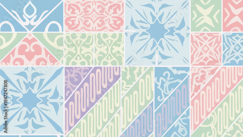 Traditional Indonesian Batik pattern tiles in soft pastel colors. Vector background featuring Parang and floral ornaments in a patchwork mosaic style for textile or wallpaper design.