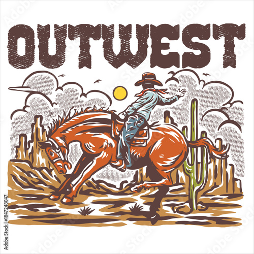 Outwest Cowboy Rodeo Action Vintage Illustration