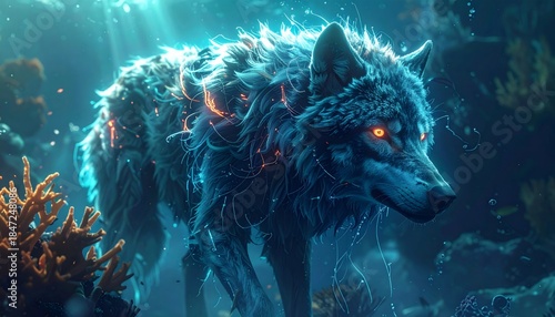 Fototapeta Naklejka Na Ścianę i Meble -  Mystical glowing wolf creature with fiery eyes walking underwater among coral reefs, illuminated by light rays from above.