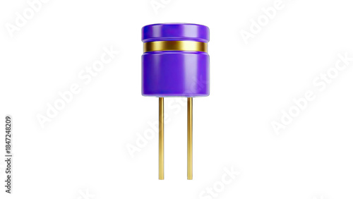 3D Rendered Purple Capacitor with Gold Details on White Background