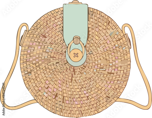 Vector illustration of a round woven rattan bag. Fashionable straw crossbody purse with a leather strap and clasp. Bohemian summer beach accessory isolated on a light background.