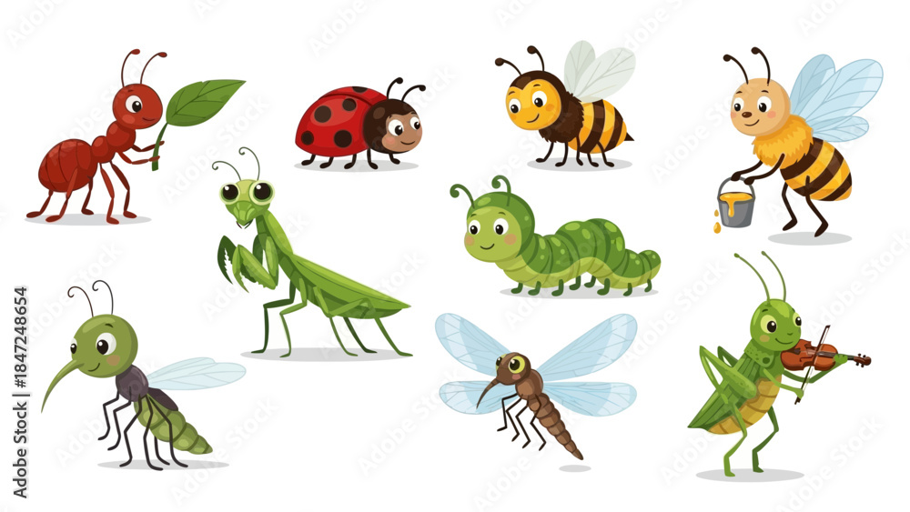 Obraz premium Cute Cartoon Insects and Bugs Vector Set, Funny Animal Mascot Collection Including Ant, Ladybug, Bee, Mantis, and Grasshopper