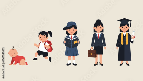Life Stages of a Female Character Vector Illustration, Growth Evolution from Baby and Child to Student, Professional, and Graduate