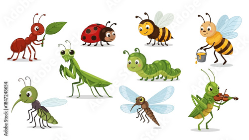 Cute Cartoon Insects and Bugs Vector Set, Funny Animal Mascot Collection Including Ant, Ladybug, Bee, Mantis, and Grasshopper