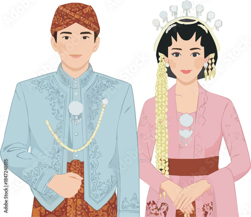 Vector illustration of a traditional Javanese wedding couple from Indonesia. Bride and groom wearing pink kebaya and blue beskap with batik accessories in a cultural marriage portrait.