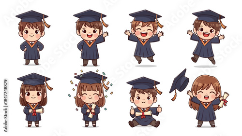 Cute Cartoon Kids Graduation Vector Set, Happy Little Students in Dark Blue Gowns Celebrating with Confetti