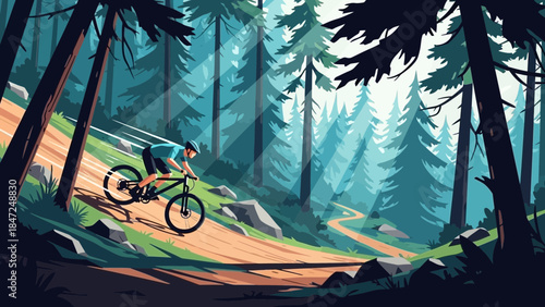 Mountain Biker Riding Downhill on Forest Dirt Trail, Extreme MTB Action in Coniferous Woods Vector Illustration