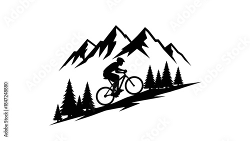 Mountain Bike Silhouette Logo Design, Cyclist Riding Uphill on Nature Landscape with Mountain Peaks and Pine Trees