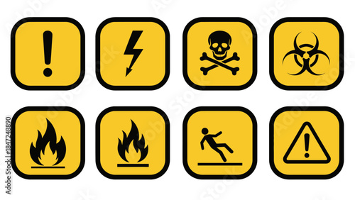 Square Industrial Warning and Hazard Safety Icons Vector Set, Yellow Rounded Alert Buttons for Danger and Caution