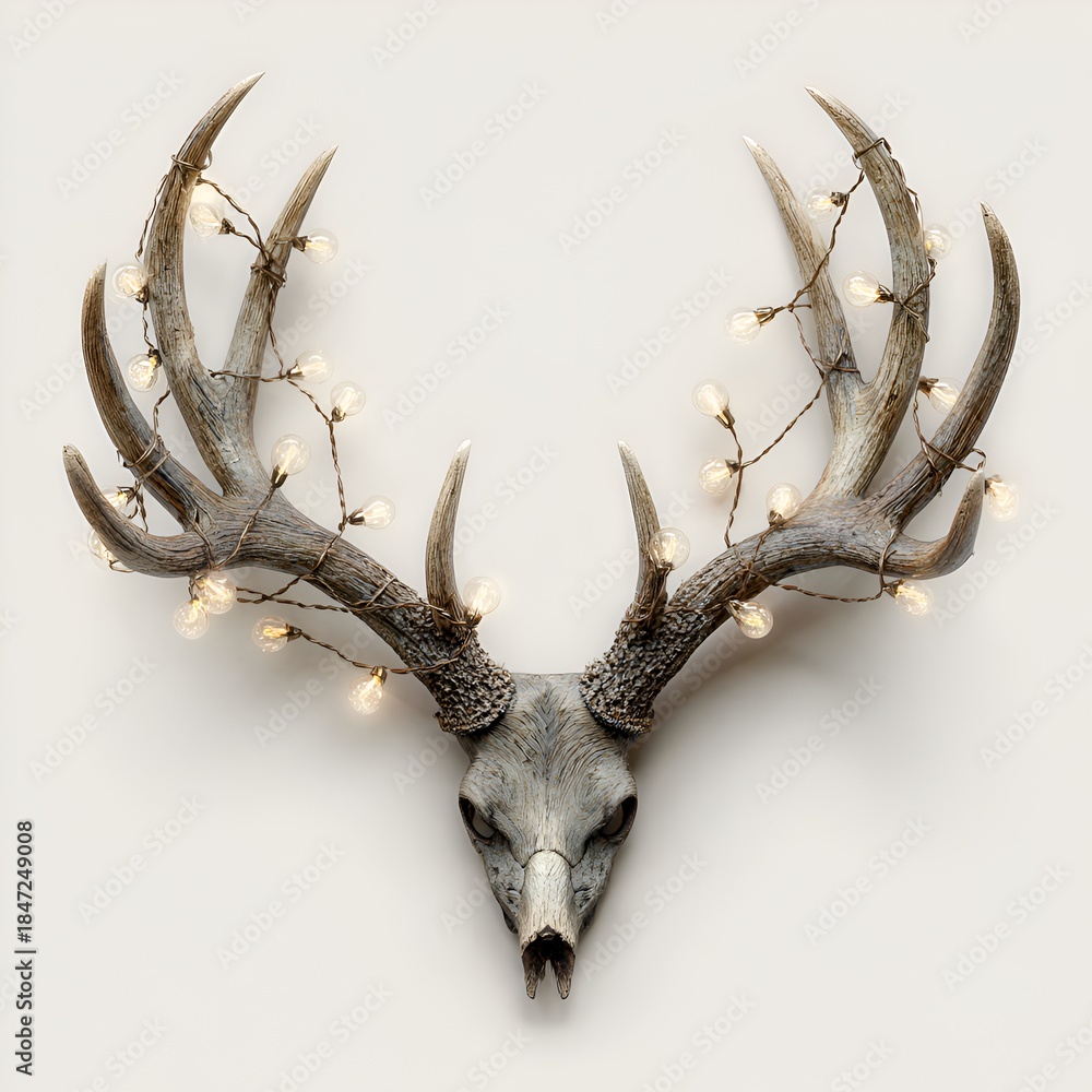 Fototapeta premium Deer skull adorned with glowing fairy lights on a white wall creating a unique and festive holiday decoration and art installation.