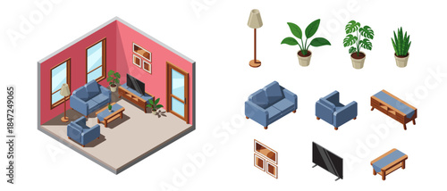 Isometric living room. Living room interior. TV with sofa, table, and other living room equipment. Isometric home furniture. Isometric home room