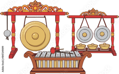 Vector illustration of traditional Indonesian Gamelan instruments. Set includes a large Gong, Kempul, and Saron metallophone. Javanese musical orchestra equipment.