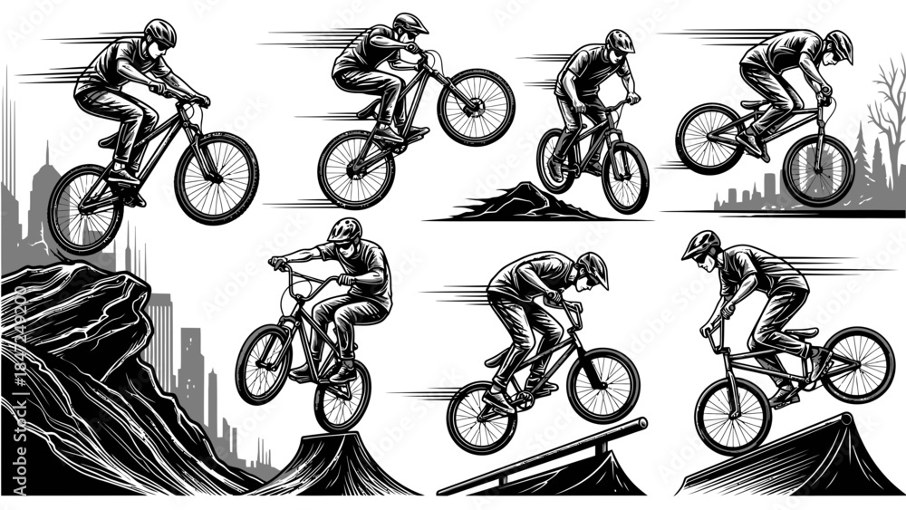 Obraz premium Extreme Mountain Biking Action Vector Set, Sketch Style Cyclists Performing Tricks and Riding Fast