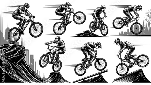 Extreme Mountain Biking Action Vector Set, Sketch Style Cyclists Performing Tricks and Riding Fast