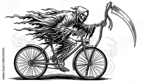 Grim reaper skeleton riding bicycle holding scythe hand drawn ink style vector illustration black and white