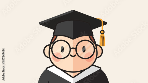 Cute chubby boy graduate student avatar with glasses and cap flat cartoon vector character illustration