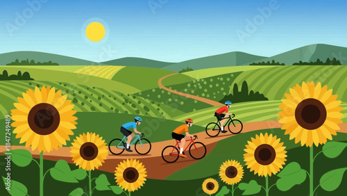 Cyclists riding bikes on country road through sunflower field landscape in summer flat vector illustration