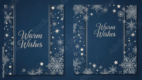 Warm Wishes Snowflake Star Frame on Dark Blue Background, Elegant Winter Holiday Greeting Design