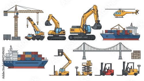 Industrial construction and logistics transportation vehicle set including crane excavator and cargo ship vector illustration