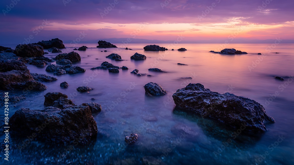 Obraz premium Rocks in Water at Beautiful Purple and Pink Sunset