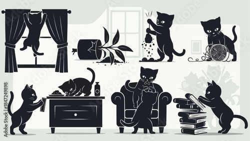 Playful Black Cats Causing Mischief in a House Setting.