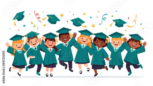 Happy cartoon children graduates jumping with joy in green gowns and confetti vector illustration
