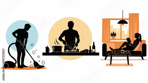 Silhouettes of people engaged in household activities like cleaning cooking and relaxing.